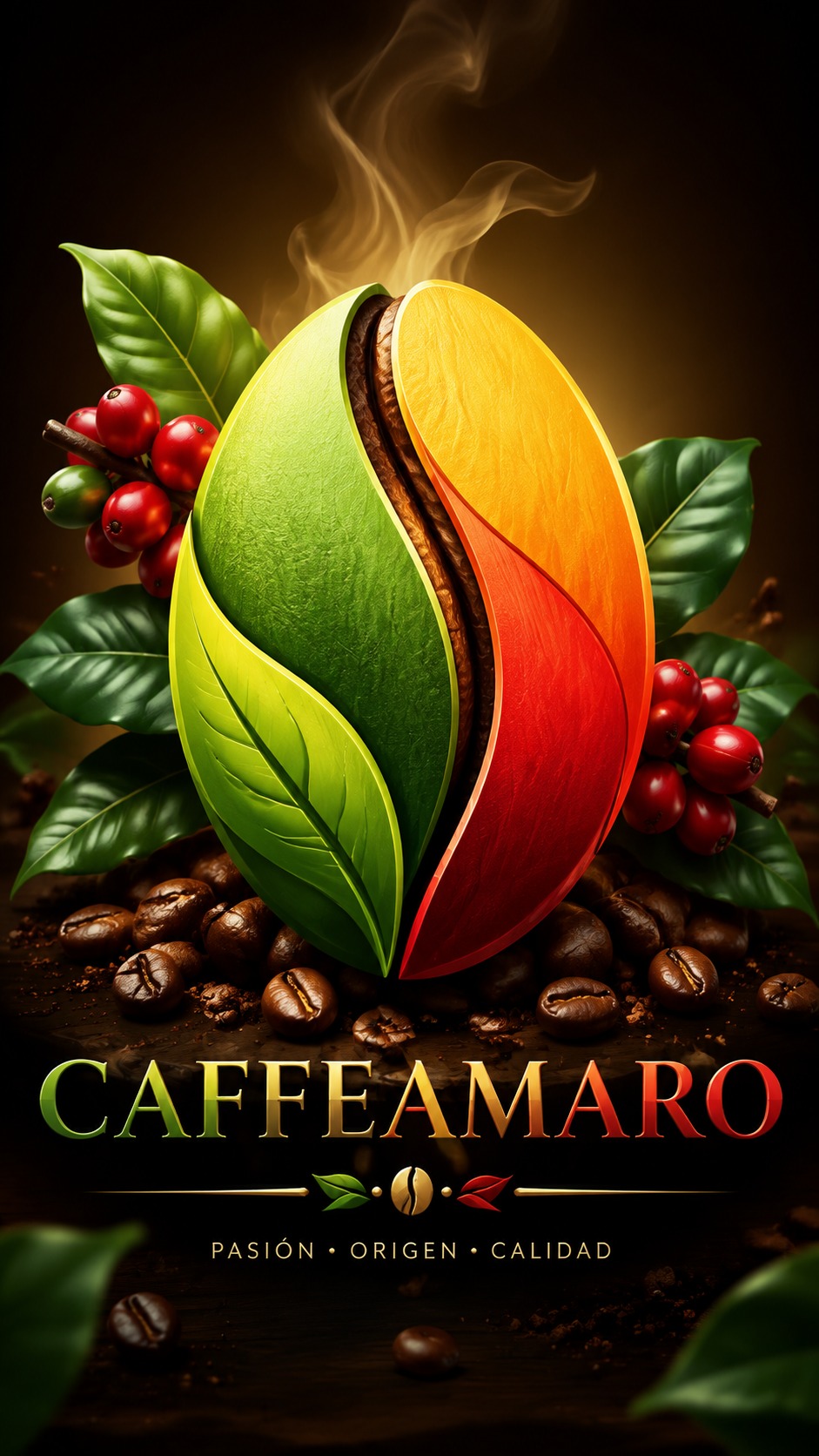 Logo Caffeamaro sobre café, hojas y frutos